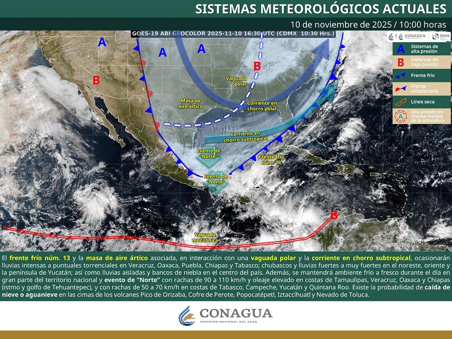 Ola de frío y lluvias afectan a México por el frente frío número 13 y una masa de aire ártico