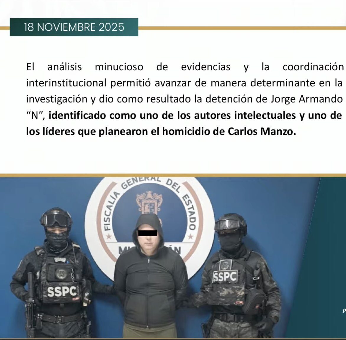 Detienen a Jorge Armando “N”, “El Licenciado”; ordenó asesinar a Carlos Manzo “a como dé lugar”, informó Harfuch