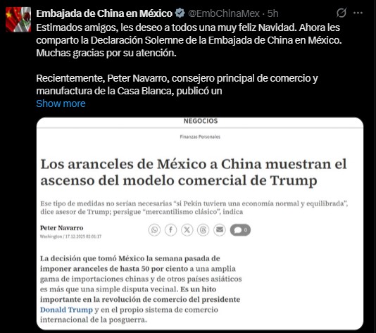 Embajada de China en México rechaza  declaraciones de asesor de la Casa Blanca, Peter Navarro, sobre aranceles