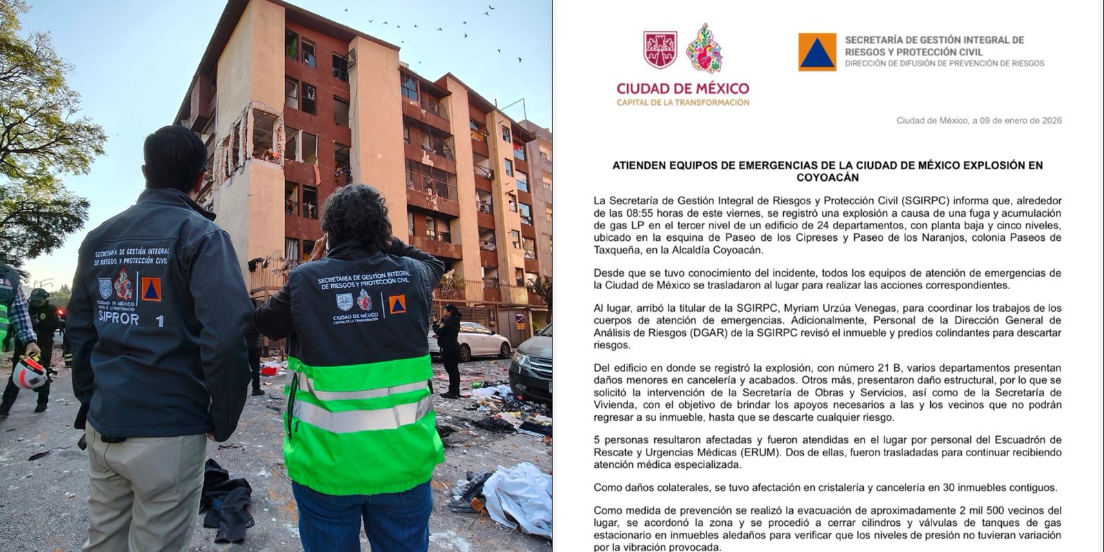 Se reporta explosión por fuga de gas LP en Coyoacán.