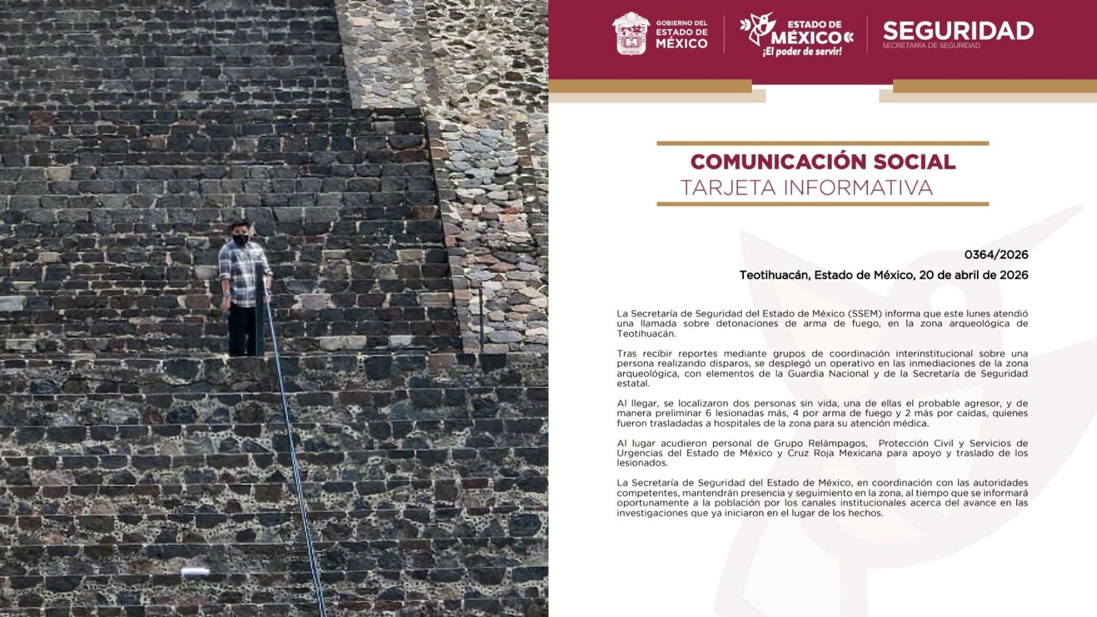 Se reportan dos personas sin vida y seis lesionadas ante detonaciones de fuego en Teotihuacán