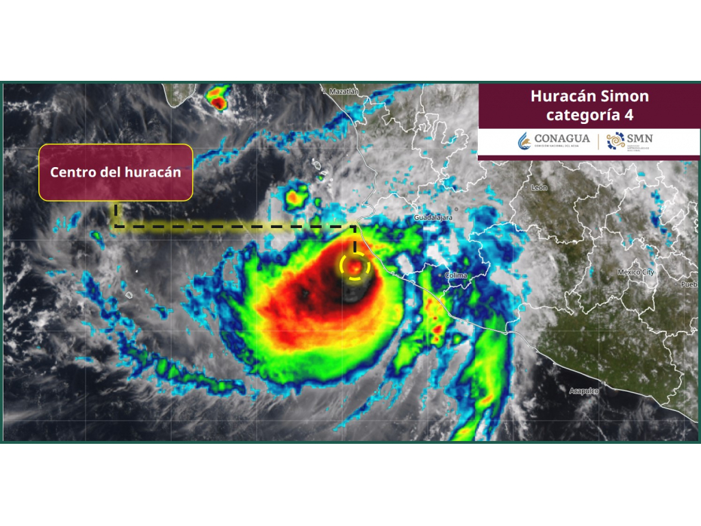 El centro del huracán Simon se localiza a 40 kilómetros de Playa Punta Pérula, Jalisco